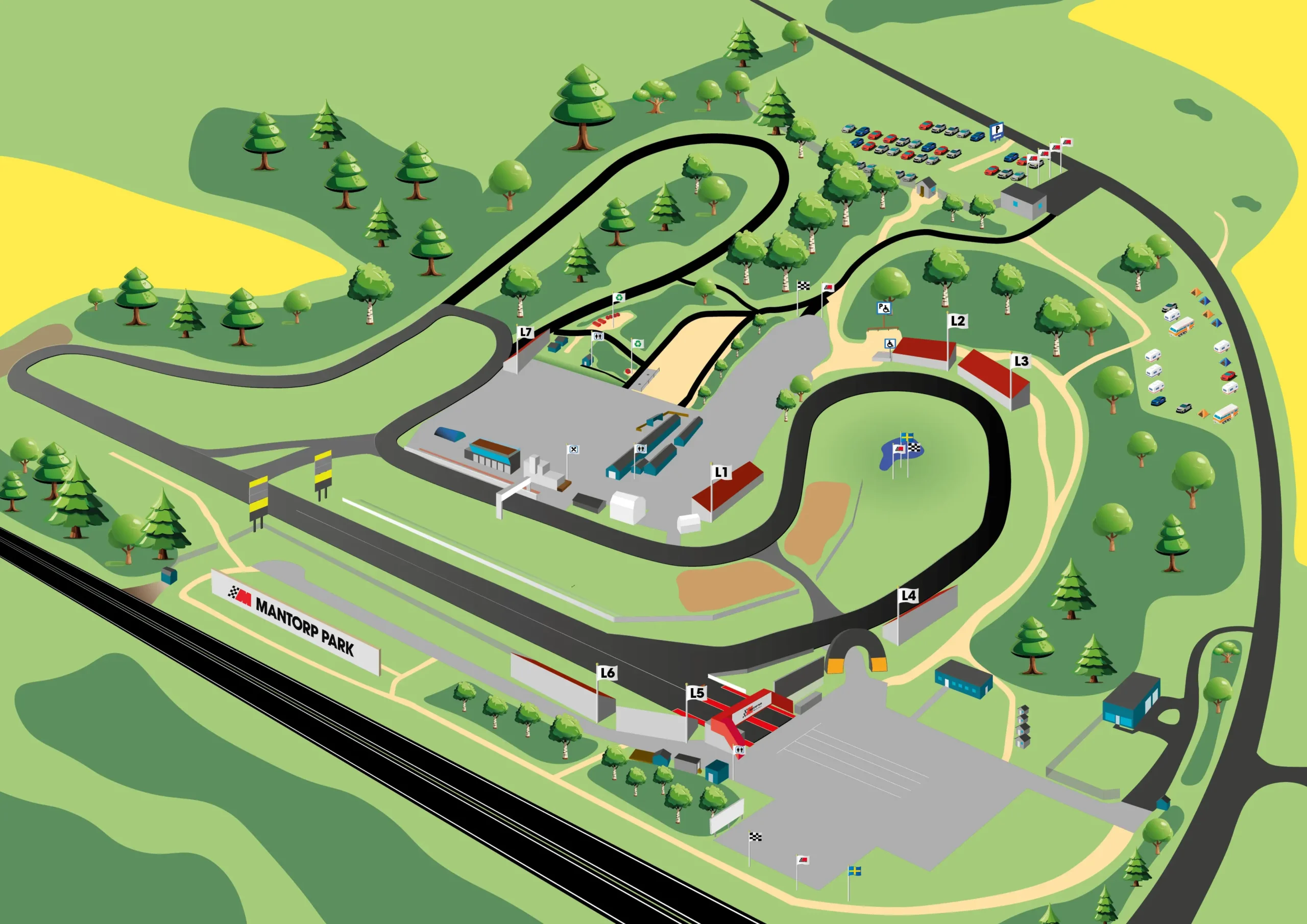 Illustrerad karta över en racerbana omgiven av träd och fält. Banan slingrar sig genom olika sträckor, med byggnader och parkeringsplatser i närheten. Flera märkta punkter indikerar olika platser och funktioner runt kretsen.